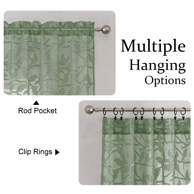 OVZME Anji Sheer Sage Green Curtains 63 Inches Long  Light & Airy Privacy Textured Sheer Drapes  Dual Rod Pocket Voile Clipped Birds Luxury Panels for Kid Bedroom Living Room  38 x 63 inch  Set of 2 - Image 4